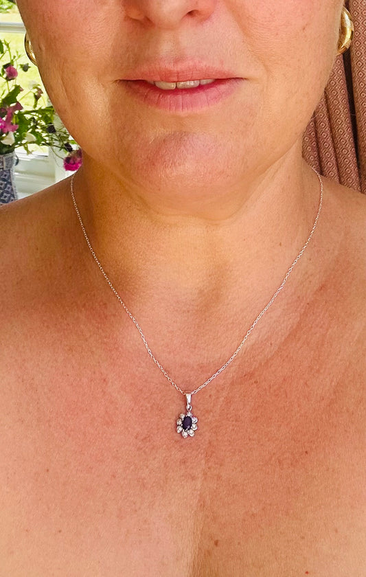 Sapphire & diamond flower pendant on a silver chain