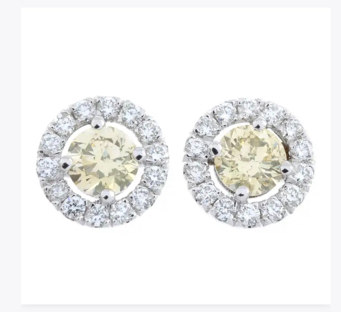 Yellow diamond studs surrounded by brilliant cut diamonds set in 14k white gold