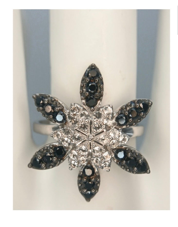 Black onyx and white spinel starburst ring