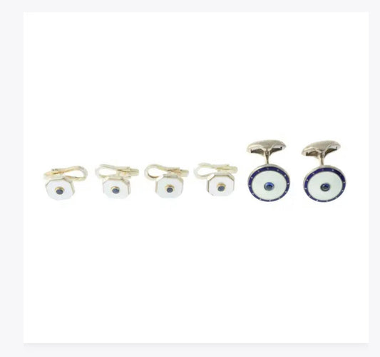 Silver sapphire & enamel cufflinks with four matching dress studs
