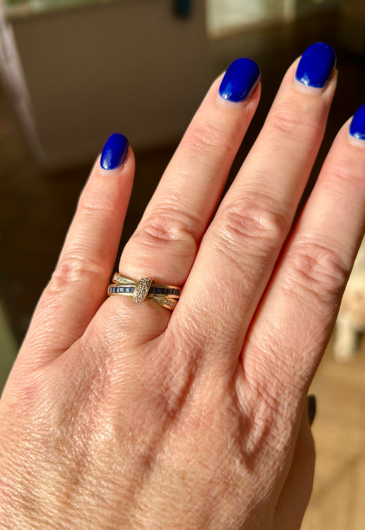 Sapphire & Diamond gold crossover ring