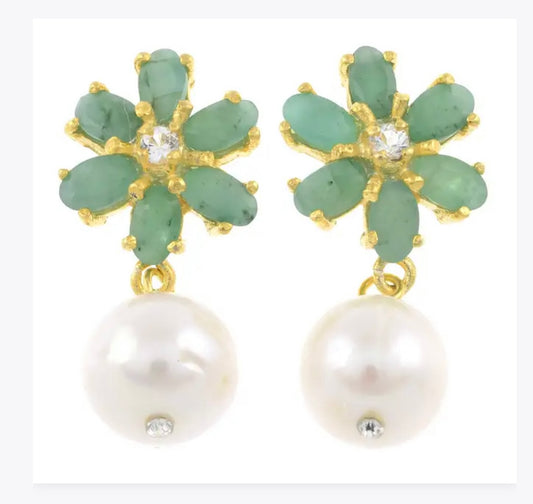 Emerald, pearl & topaz drop earrings