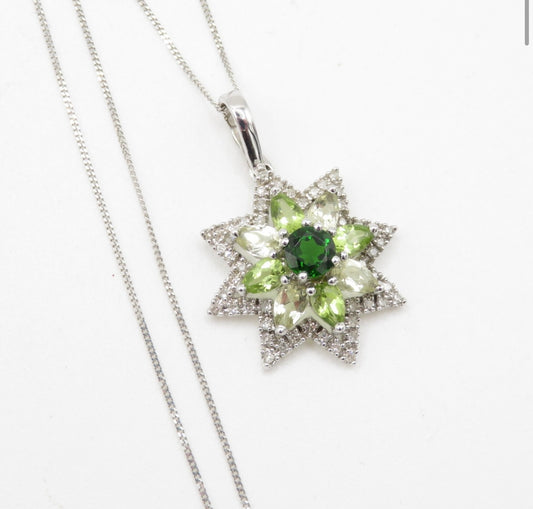Diamond, peridot & diopside star pendant on a white gold chain