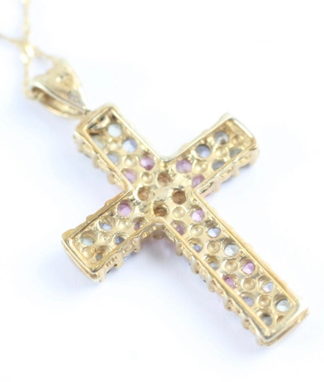 Multi coloured sapphire cross on gold chain