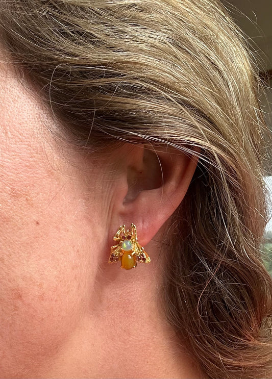 Ruby, opal & fire opal insect earrings