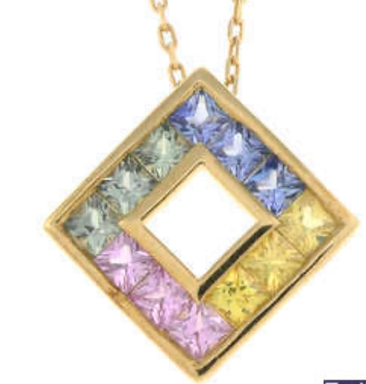 Multi coloured sapphire pendant on gold chain