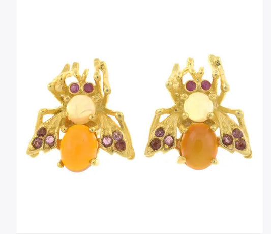 Ruby, opal & fire opal insect earrings
