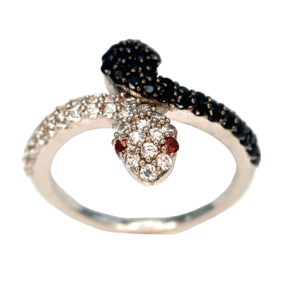 Black onyx & white spinel snake ring