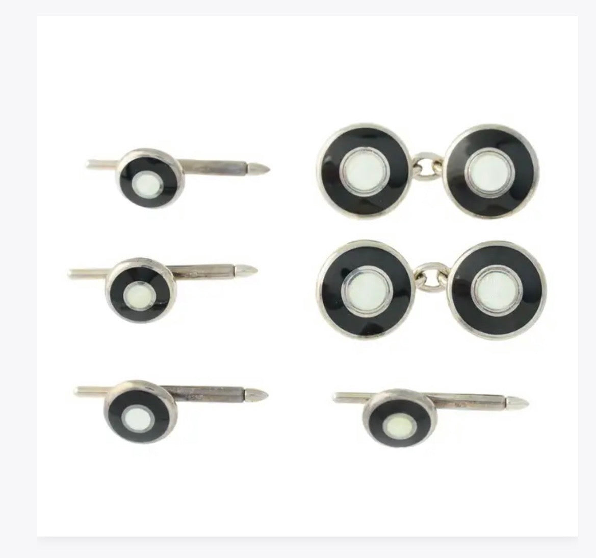 Silver enamel cufflinks with four matching dress studs
