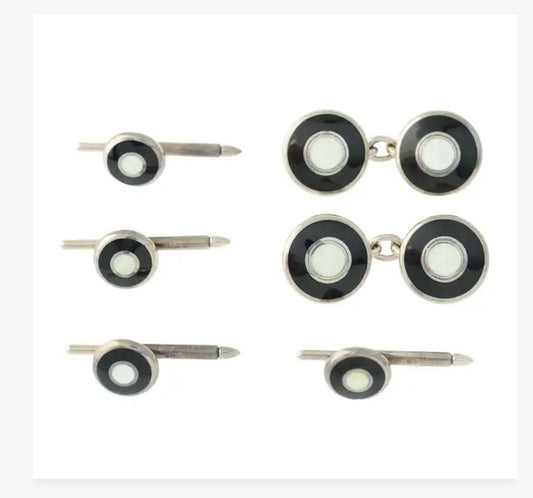 Silver enamel cufflinks with four matching dress studs