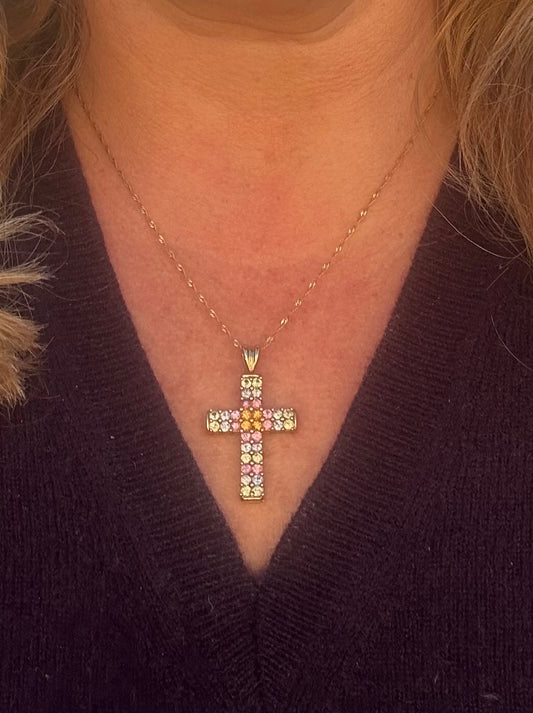 Multi coloured sapphire cross on gold chain