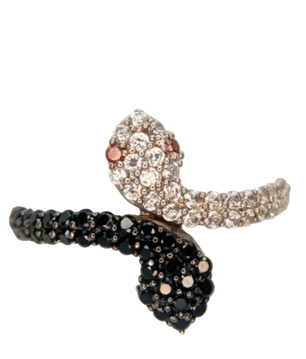 Black onyx & white spinel snake ring