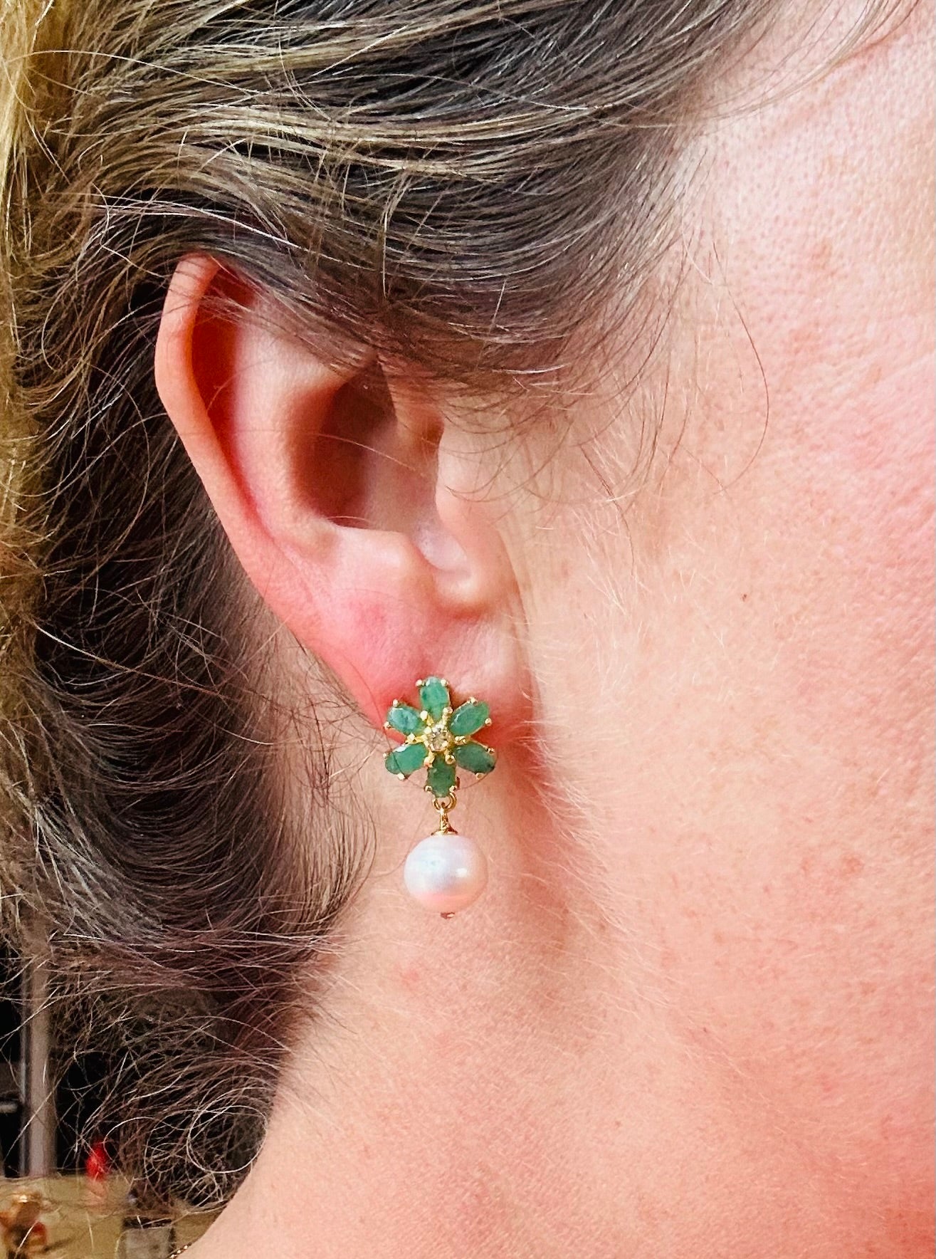 Emerald, pearl & topaz drop earrings
