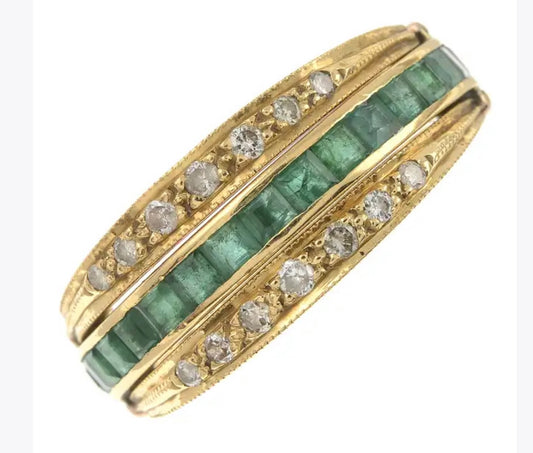 Diamond, ruby & emerald swivel eternity ring set in 18k yellow gold