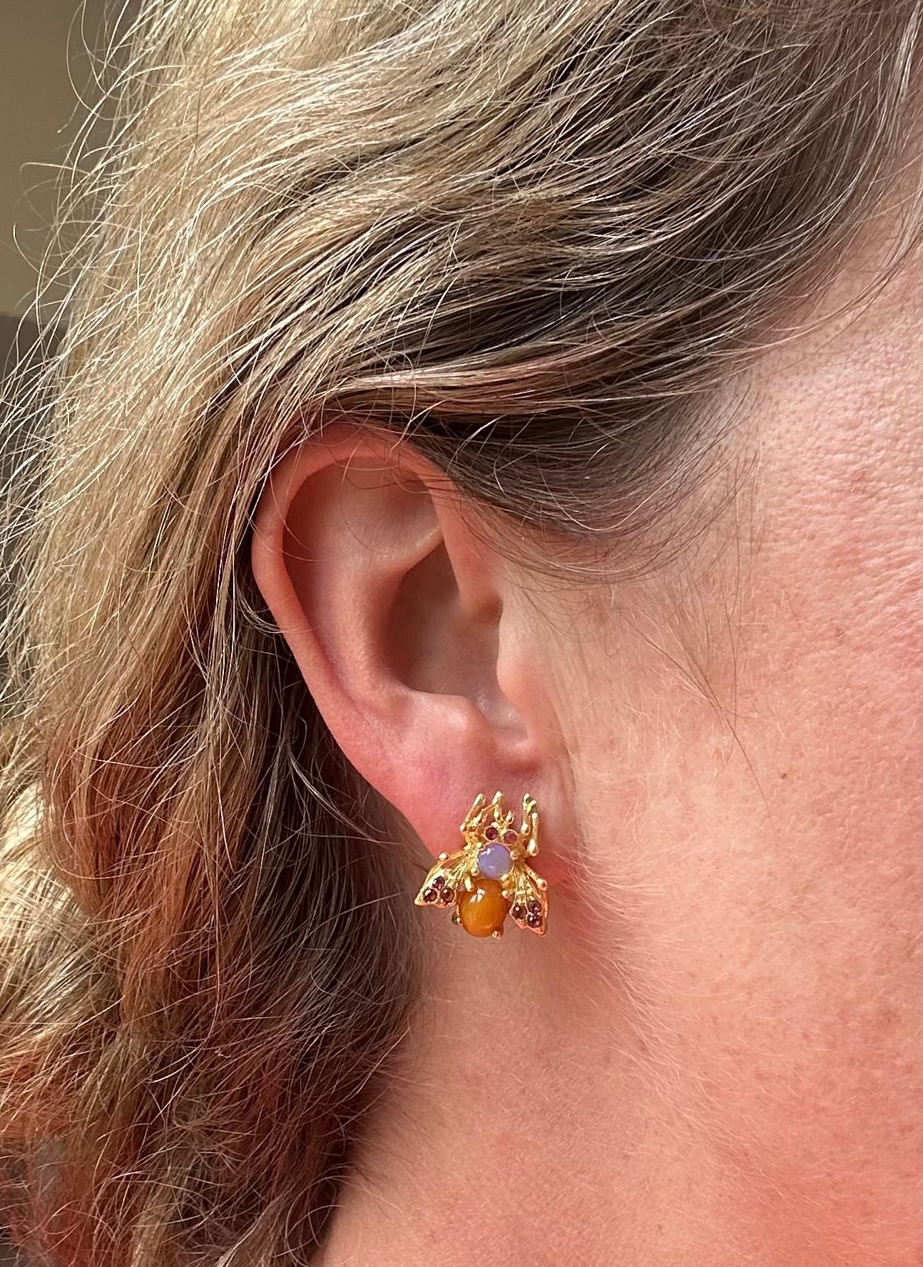 Ruby, opal & fire opal insect earrings