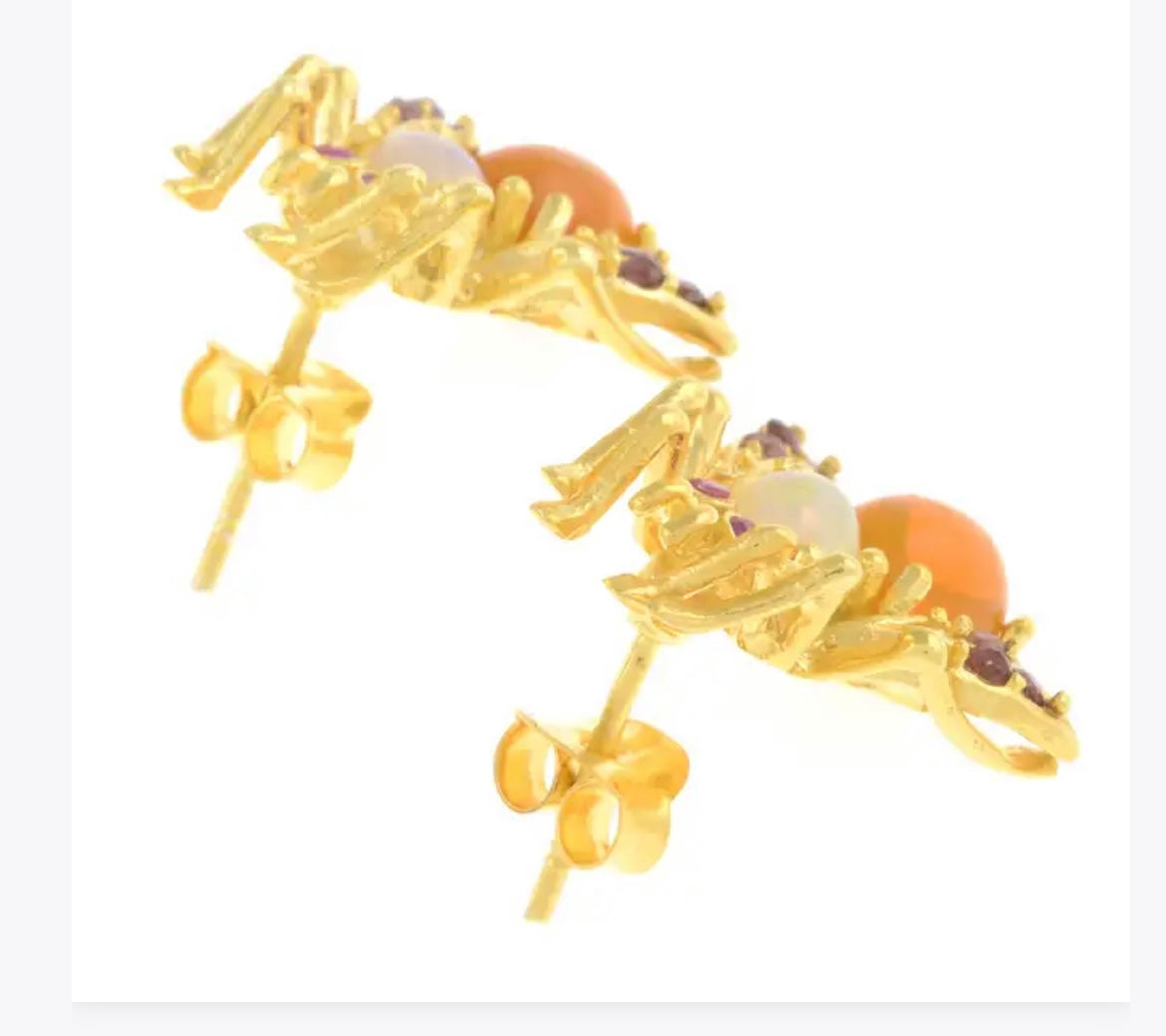 Ruby, opal & fire opal insect earrings