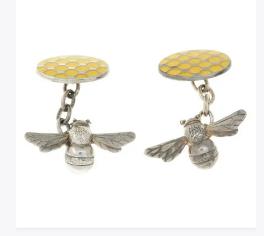 Silver enamel bee & honeycomb cufflinks