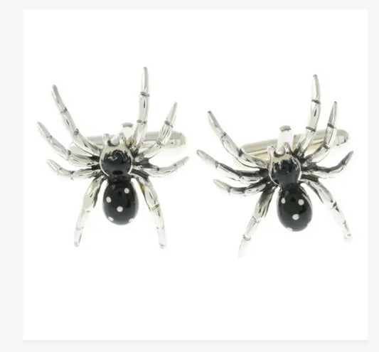 Silver enamel spider cufflinks