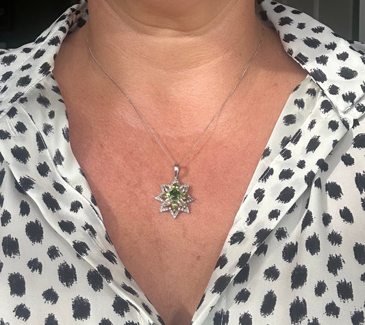 Diamond, peridot & diopside star pendant on a white gold chain