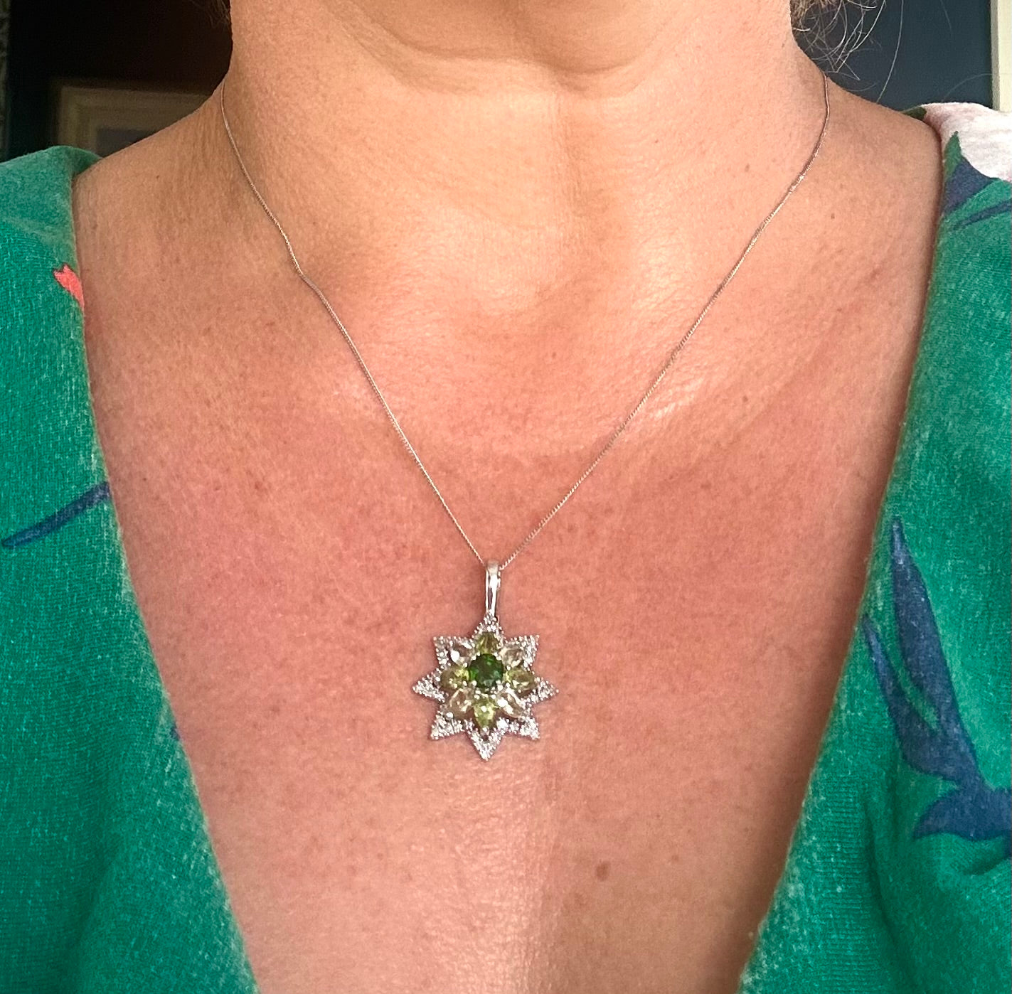 Diamond, peridot & diopside star pendant on a white gold chain