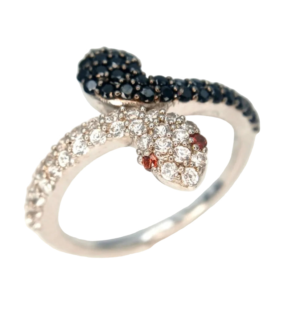 Black onyx & white spinel snake ring