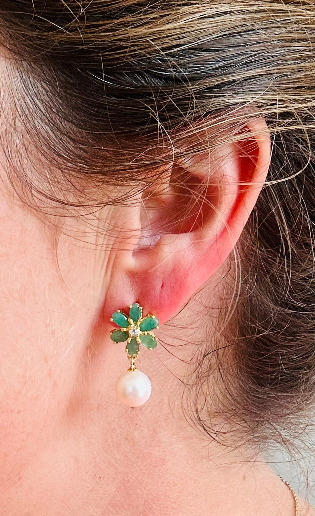Emerald, pearl & topaz drop earrings