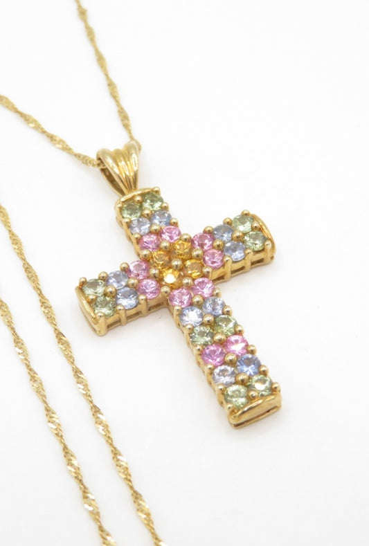 Multi coloured sapphire cross on gold chain